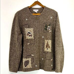 Christopher & Banks Brown Cardigan with Winter Motifs